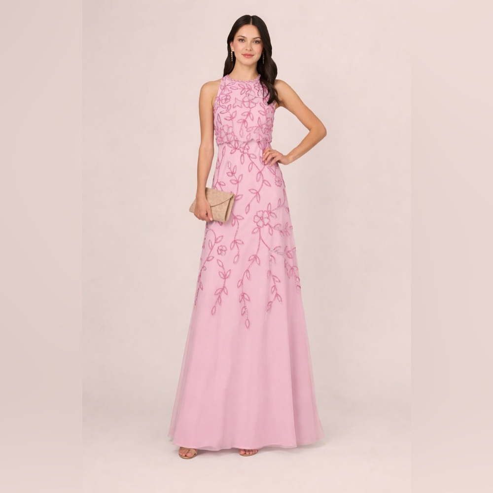 Adrianna Papell Blush Beaded Floral Mesh Gown Size 4 NWT Formal evening GALA MOB